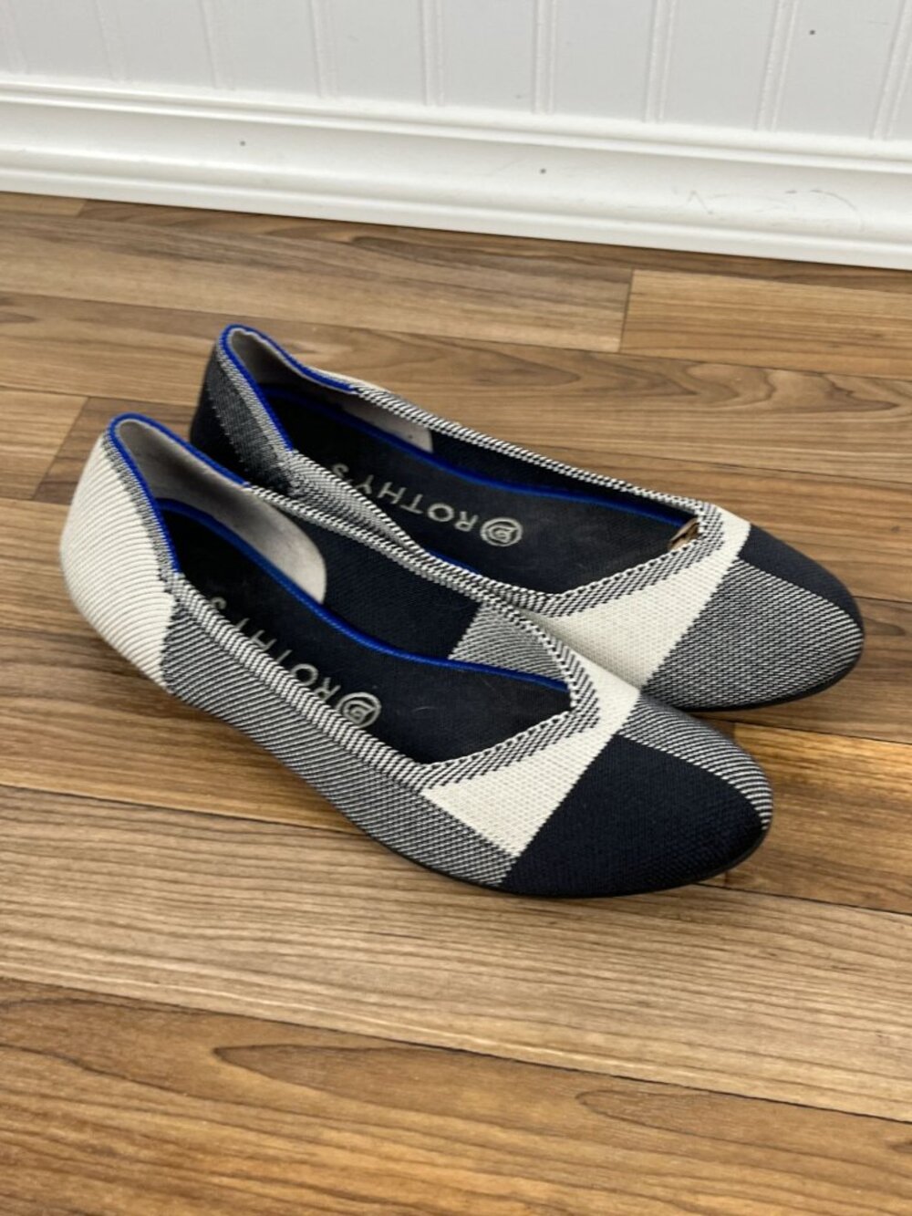 Rothy’s The Flat Captoe Plaid Ballet Flats Shoes Black & White Size 9.5 - Picture 5 of 9